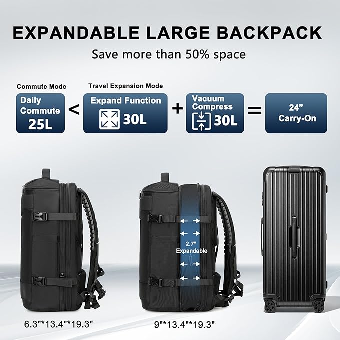 POSO P Vacuum Backpack Travel, Expandable Vacuum Seal Compression Backpack with Pump, Laptop Compartment, Water-Resistant Business Carry-On Backpack Valentine's Day Gifts for Men Travel Weekend