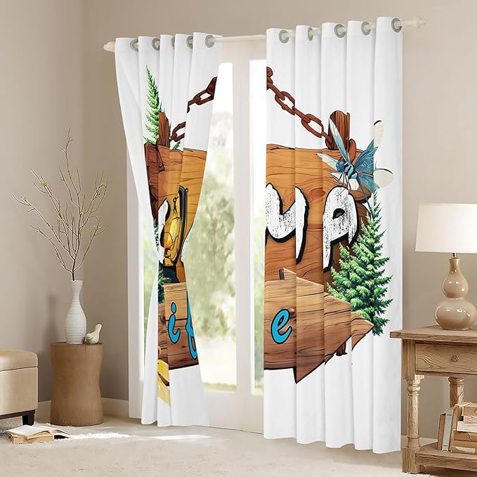 Erosebridal Happy Camping Window Drapes Lodge Cabin Camper Blackout Curtains 42" Wx84 L Rustic Pine Trees Curtains for Bedroom Living Room,Adventure Camp Life Window Treatments 2 Panels