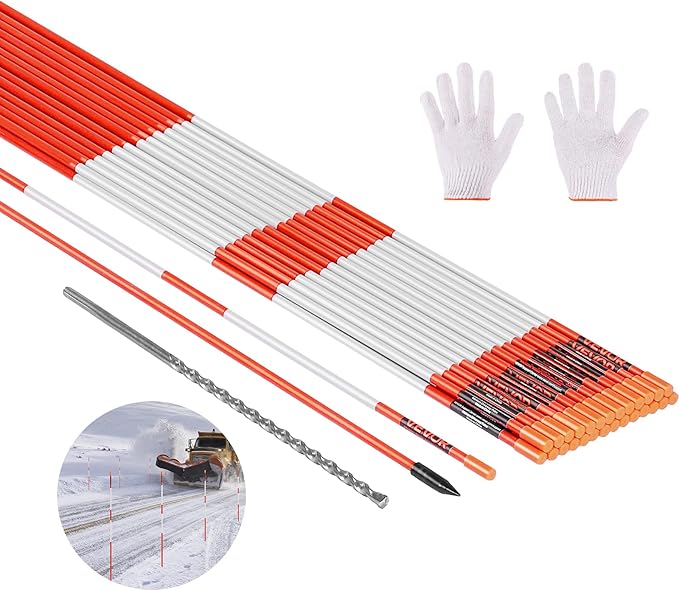VEVOR Driveway Markers, 200Pcs 48 in Long 1/4 in Dia, Hi-Visibility Driveway Reflectors with 12 in Steel Drill Bits, Reflective Snow Sticks Fiberglass Pole for Parking Lots, Walkways, Snow Plowing