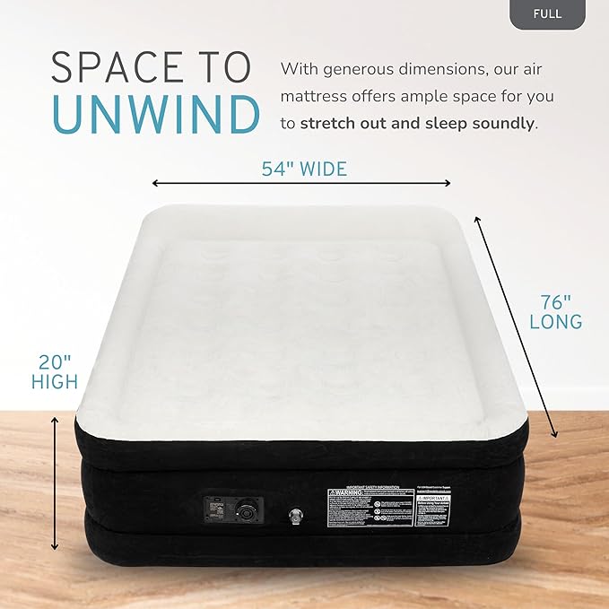 RestElevated Luxury Pillow Top Full Size Air Mattress with Built in Pump | 20" Raised Height with Coil Beam Support | Adjustable Blow Up Air Bed | for Home, Guests and Camping [Black with Cream Top]