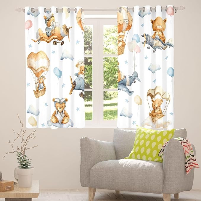 Cartoon Aircraft Window Curtain | Kids Airplane Window Drapes for Kids Bedroom Decor,Adventure Bears Blackout Curtains Clouds Stars Balloon Living Room Top 2 Panels,38Wx45L