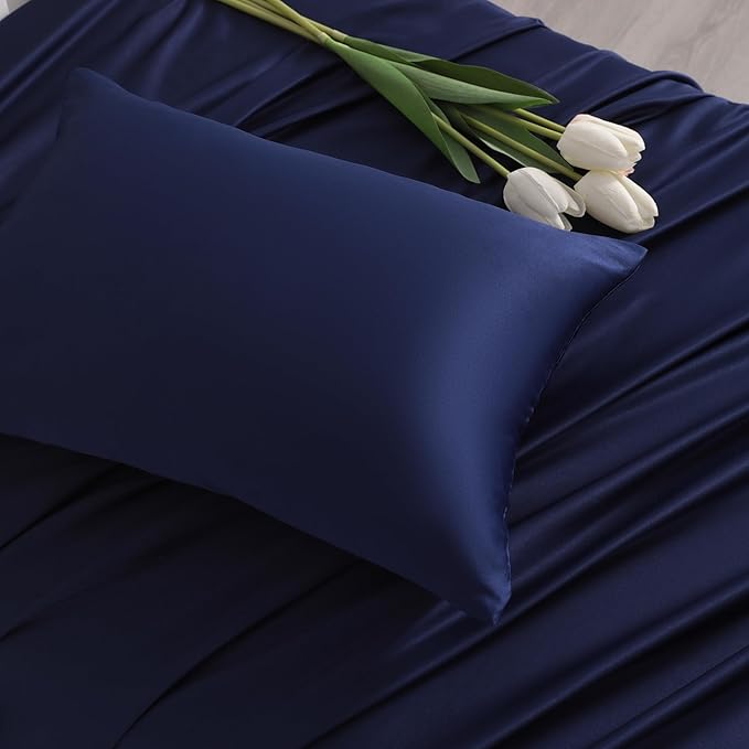 NTBAY Zippered Silk Satin Toddler Pillowcases - 2 Pack Hidden Zipper 13x18 Pillowcases - Luxury and Silky Baby Travel Pillow Covers, Navy Blue
