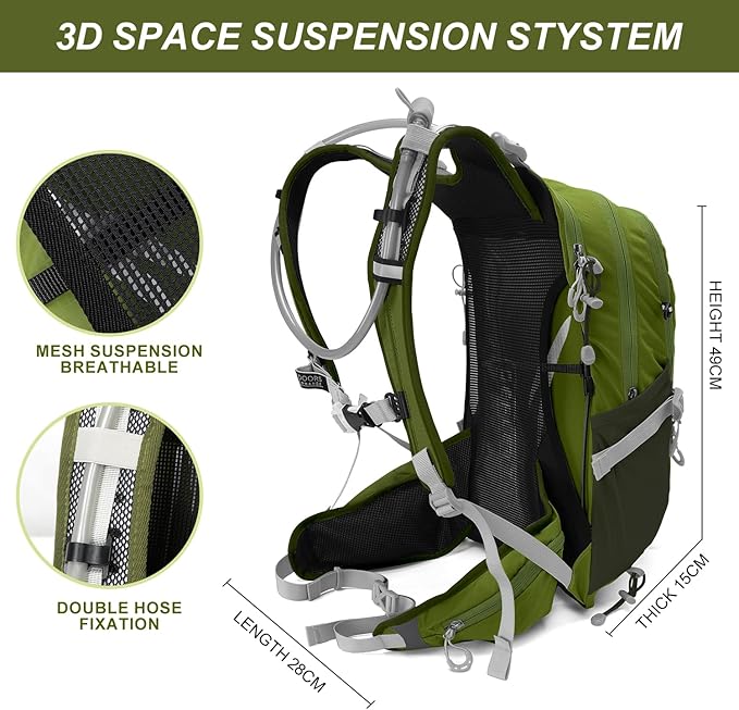 IX INOXTO 20L Hydration Backpack, Waterproof Hiking Internal Frame Backpacks with 2L Hydration Water Bladder and Rain Cover for Men, Lightweight Travel Daypack for Cycling,Camping,Ski (dark green)