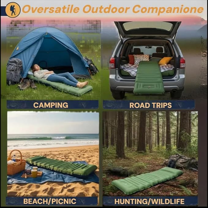 4 Inch Thick Camping Sleeping Pad with Internal Straps - R Value 4.0 for 4 Seasons, Durable & 100% Waterproof Outdoor Air Mattress, Lightweight Sleeping Mat for Hiking, Backpacking, Travel