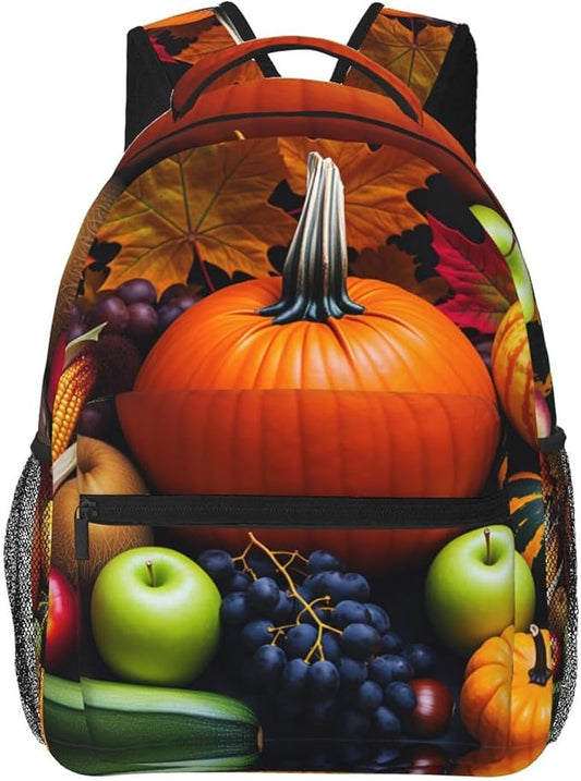 Backpack Polyester Multipurpose Anti-Theft Thanks Giving Pumpkin Corn Fruit Art Shoulder Bag Big Capacity Gym Outdoor Hiking Backpack With Padded Straps