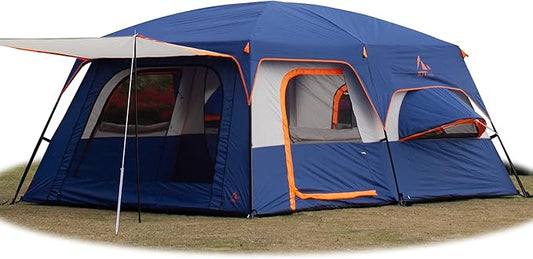 KTT Extra Large Tent 6-10-12-14 Person(B),Family Cabin Tents,2 Rooms,3 Doors and 3 Windows with Mesh,Straight Wall,Waterproof,Double Layer,Big Tent for Outdoor,Picnic,Camping,Family Gathering