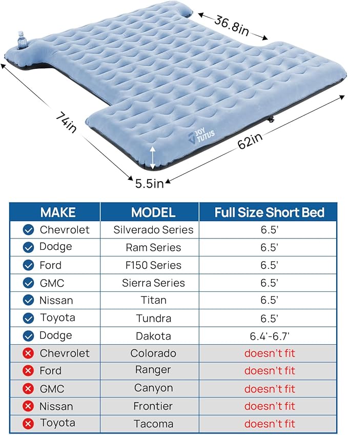 JOYTUTUS Upgraded Light Version Truck Bed Air Mattress for Camping, Thicken Inflatable Mattress for 6.4-6.7Ft Full Size Regular Bed,with Built-in Cup Holder&2 Inflatable Pillow,Grey Blue