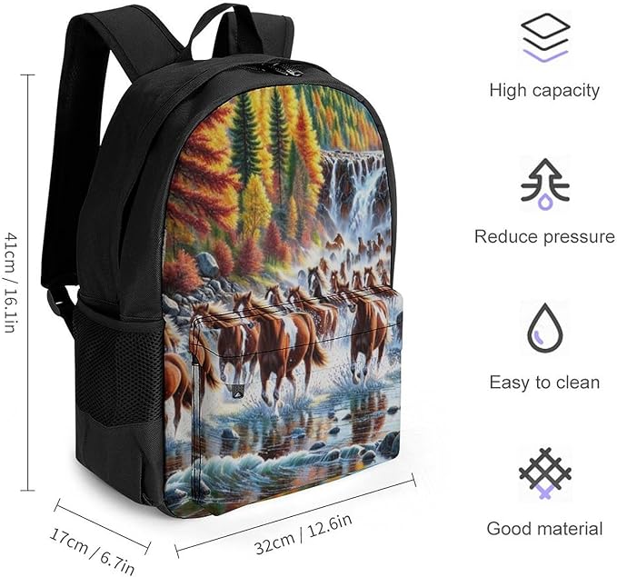 Supdreamc Rucksack Polyester Anti-Theft Multipurpose Beautiful Horses Running In River Waters Carry On Bag Large Capacity Travel and Sport Backpack Rucksack With Smooth Zippers