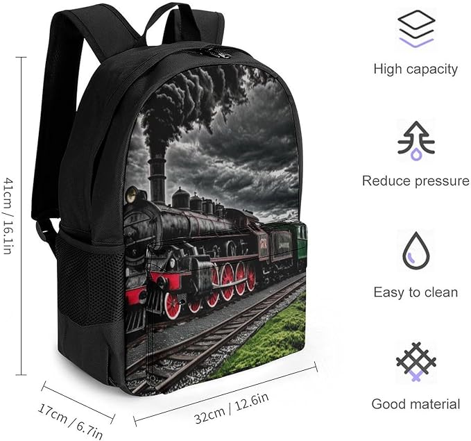 Polyester Daypack Backpack for Climbing Outdoors Running, Big Capacity Multipurpose Anti-Theft Bookbag, Old Train Dark Sky Travel Hiking Camping Rucksack