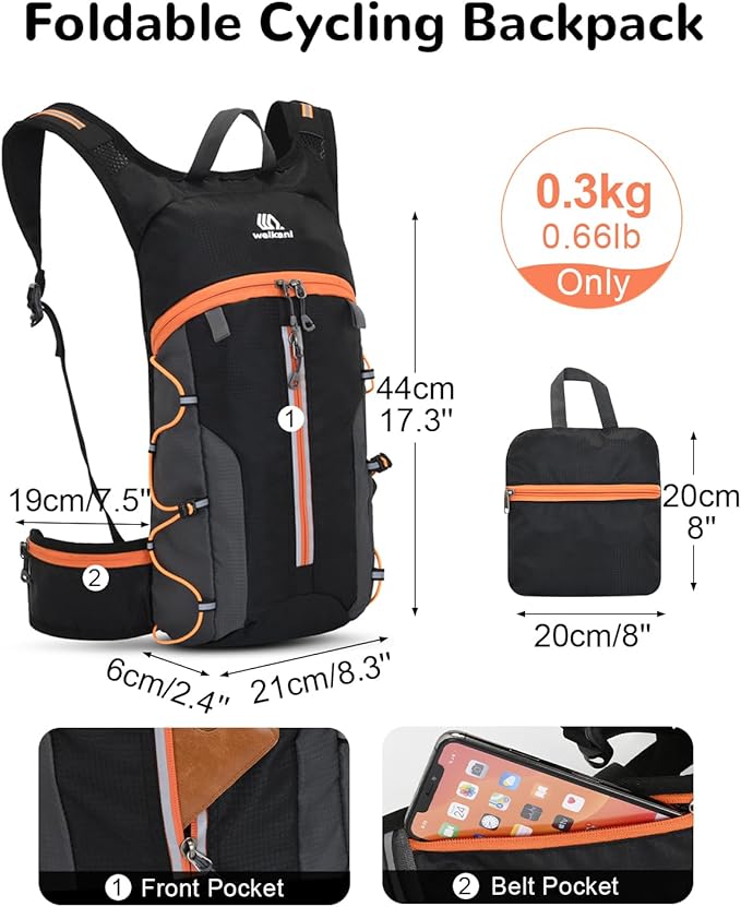 Foldable Cycling Backpack for Men Women, Small Packable Waterproof Hiking Daypack with Waist Belt, 6L Lightweight Mountain Bicycle Backpack fit Helmet for MTB Biking Skiing Climbing, Orange