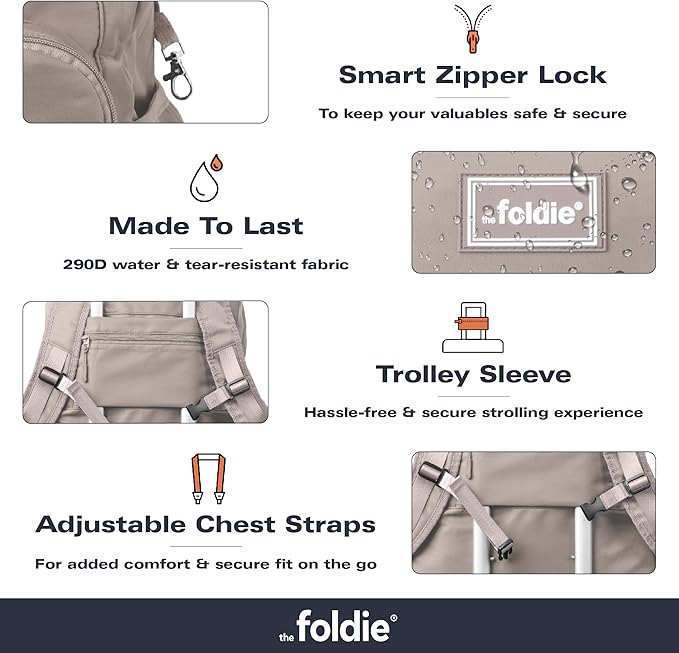 The Foldie Packable Backpack for Travel 32L - Lightweight Foldable Backpacks with Trolly Sleeve & RFID Protection - Water-repellent Casual Daypack Backpacks for Hiking, Camping & Gym - Beige