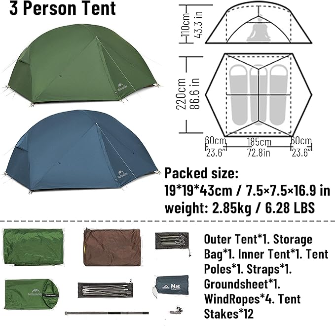 Naturehike Mongar Pro/Base Camping Tent, 1-3 Person Ultralight Backpacking Tent, PU3000mm, 20D Nylon 4 Season Waterproof, Mongar 2 Person UL Hiking Tent for Bike, Travel, Camp