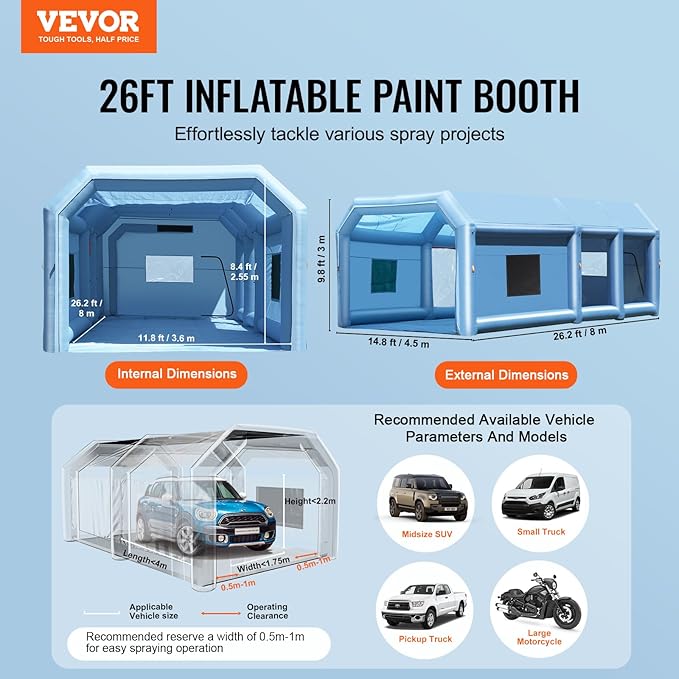 VEVOR Inflatable Paint Booth, 26.2 x 14.8 x 9.8 ft Inflatable Spray Booth, Portable Car Paint Booth for Small Truck, with 950W+750W Powerful Blowers and Air Filter System, Large Motorcycle, Midsize SU