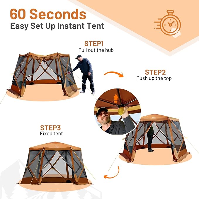 TIMBER RIDGE Easy Pop Up Gazebo Canopy Tent for Camping, 11.5 X 9.8 Ft Portable Instant Screenhouse, Pop Up Screened in Canopy with Netting for Backyard, Patio, Outdoor, Tailgating, Picnics, Orange