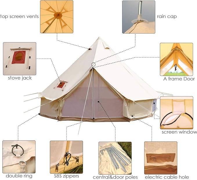 PlayDo Waterproof 4 Season Cotton Canvas Hot Tent Bell Wall Tent Yurt Tent with Stove Jack Hole for Outdoor Family Camping