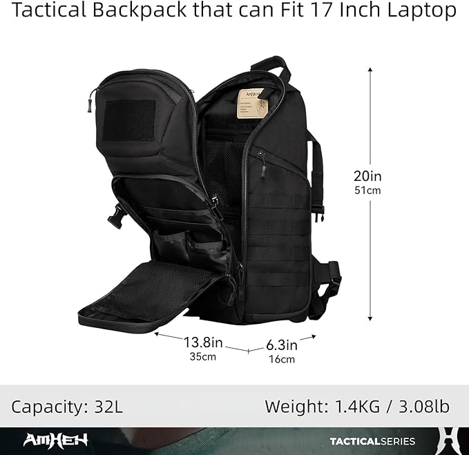 32L Tactical Backpack - MOLLE Everyday Carry with Suspended 17" Laptop Compartment for Work, Travel and Emergency (Black)