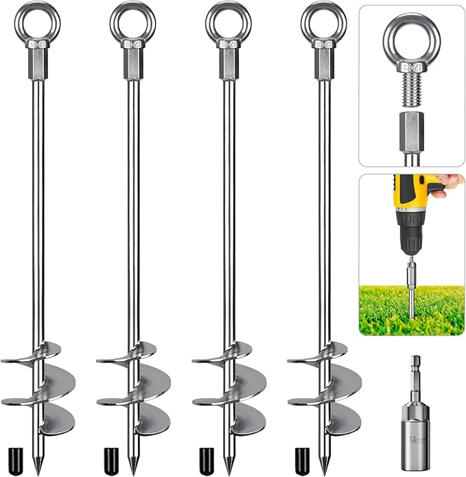 Dolibest 30" Heavy-Duty Ground Anchors Screw in, 3" Wide Spiral Earth Anchors for Swing Set, Wind Resistant Mobile Home, Trampoline, Sheds - Fully Welded Ground Anchors-Set of 4