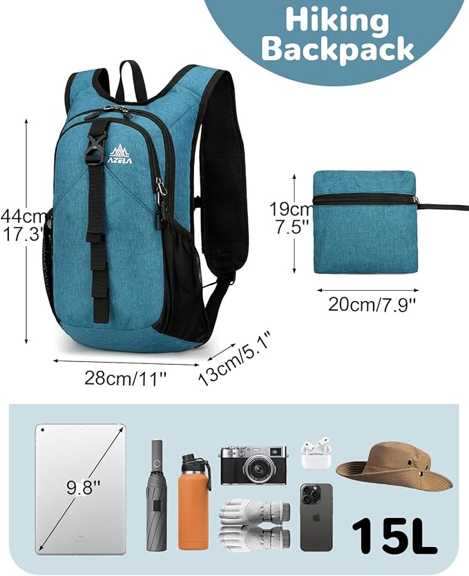 Folding Hiking Backpack with Phone Pocket for Men Women, Small Ultralight Packable Casual Daypack with Shoulder Chest Straps for Travel, 15L Foldable Lightweight Day Pack, Blue