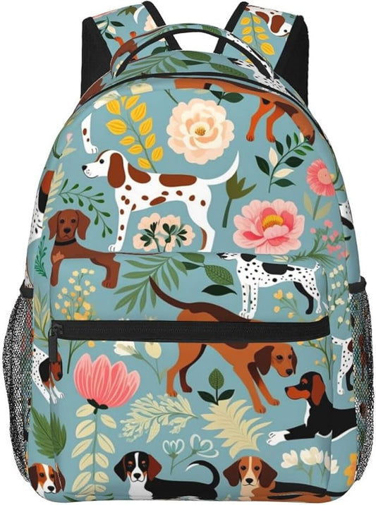 Shoulder Book Bags Polyester Multipurpose Anti-Theft Sweet Basset Hound Dog And Vintage Florals Carry On Bag Large Capacity Travel Hiking Camping Rucksack
