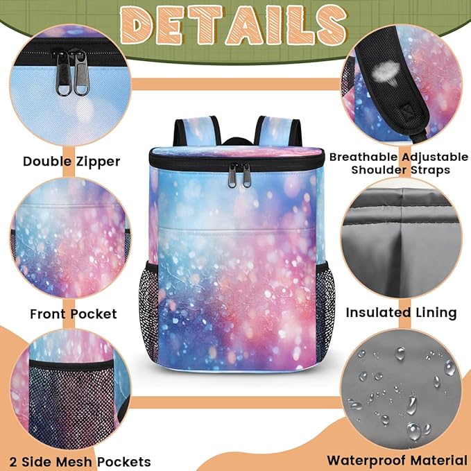 Insulated Cooler Backpack Glitter Leakproof Lightweight Ice Coolers Backpack Steel Blue Waterproof Cooler Bag Lunch Backpack for Camping Hiking Picnic for Men Women