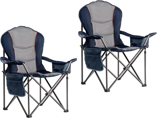 Oversized Camping Chair Heavy Duty 500LBS - 2 PCS Folding Outdoor Chair with Cooler Bag, Storage Pockets, Portable Collapsible Lawn Chairs for Adults (Blue & Gray)