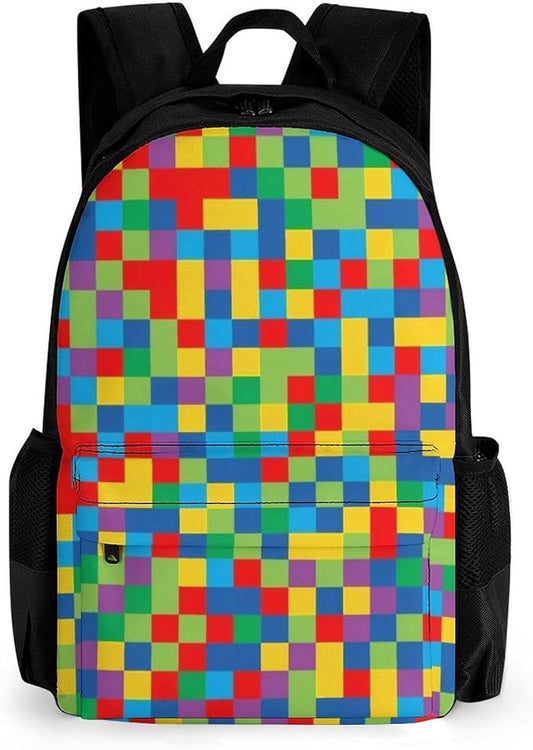 Daypack Backpack Anti-Theft Multipurpose Big Capacity Bookbag, Colorful Rainbow Blocks Business Computer Bag With Side Pockets