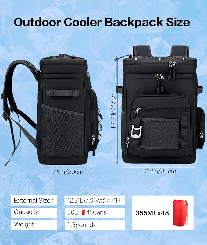 Insulated Cooler Backpack 30L - Leakproof & Lightweight, Keeps Ice 24+ Hours for Camping, Beach, Hiking, Picnics - Includes Bottle Opener & Side Pockets (Black)