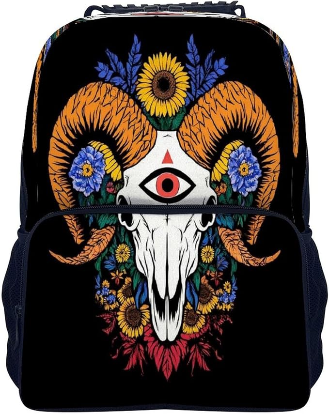 Lightweight Rucksack for Sports Travel Running, Big Capacity Multipurpose Anti-Theft Bookbag, Sunflower Goat Skull Art Travel and Sport Backpack Rucksack