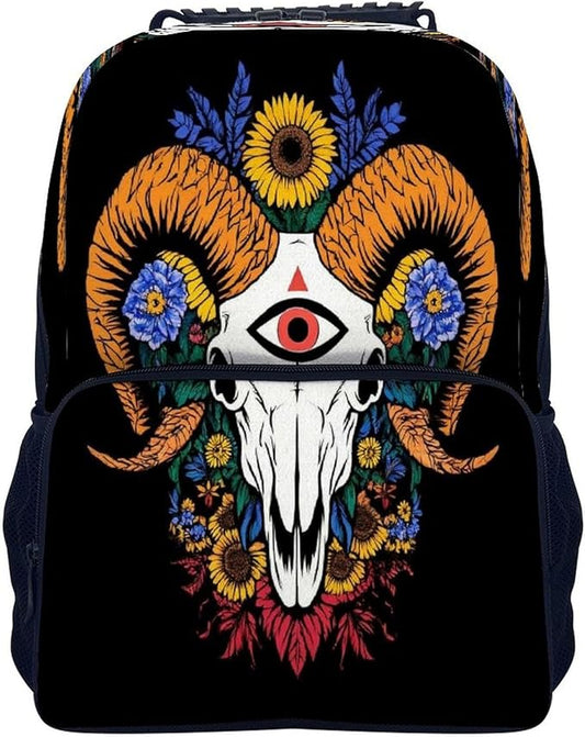 Lightweight Rucksack for Sports Travel Running, Big Capacity Multipurpose Anti-Theft Bookbag, Sunflower Goat Skull Art Travel and Sport Backpack Rucksack