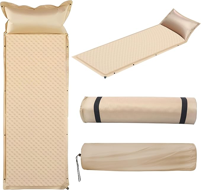 Self-Inflating Camping Mat - 1.2"/2" Thick Portable Air Mattress with Pillow for Outdoor, Hiking & Travel (Offwhite 2" for Single)