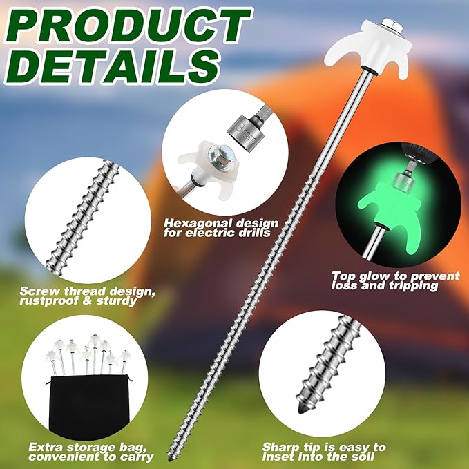 JaGely 10 Pcs 12 Inch Screw in Tent Stakes Heavy Duty Ground Anchors Metal Threaded Spikes Camping Stake Screw in Tent Pegs with Hex Head Driver for Camping Travel Decor Outdoor (Luminous White)