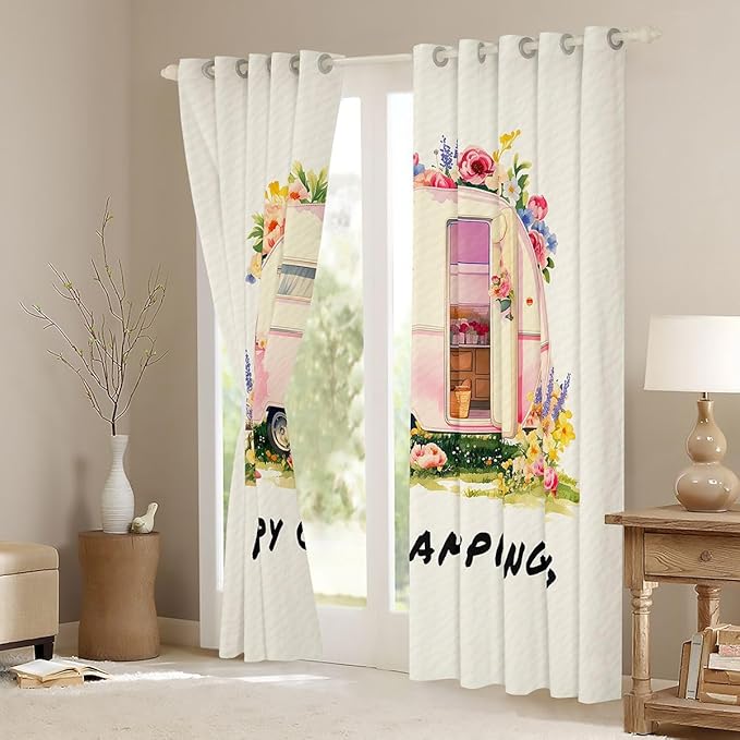 Happy Camping Adventure Kids Blackout Curtains,RV Trailer Cartoon Camper Window Drapes,Rose Flowers Leaf Rustic Nature Boys Girls Room Decor,Pink Beige 2 Panels,38Wx54L inch