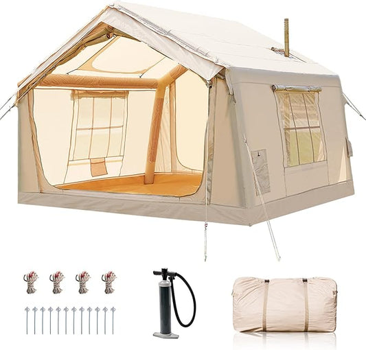 Inflatable Tents for Camping, Blow Up Tent with Hand Pump, Easy Setup Inflatable Hot Tent with Stove Jack, Waterproof Oxford Air Glamping Tents for Camping Adult 4 Person Upgrade Version