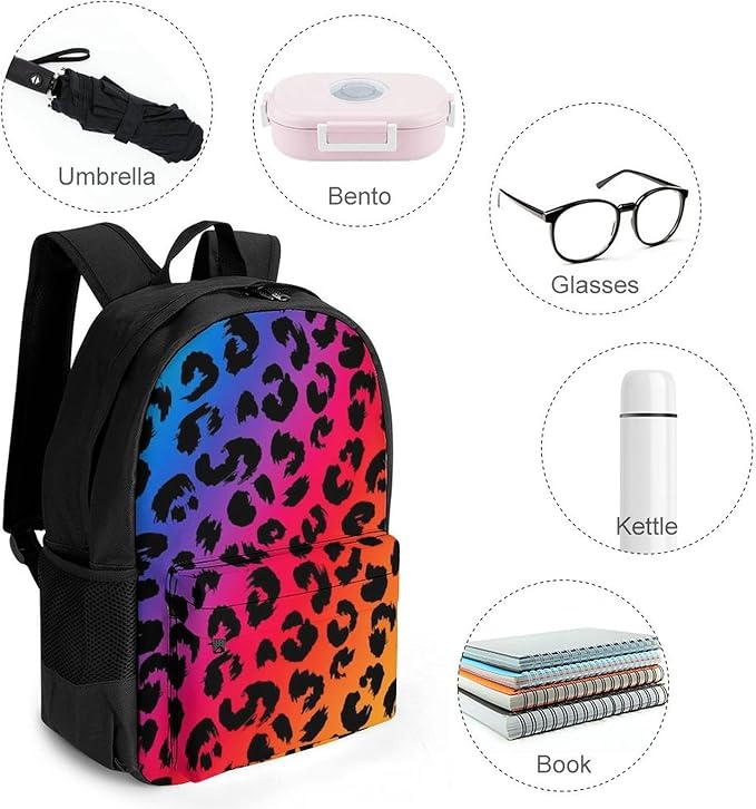 Polyester Daypack Backpack for Climbing Outdoors Running, Big Capacity Multipurpose Anti-Theft Bookbag, Colorful Rainbow Cheetah Leopard Print Travel Hiking Camping Rucksack