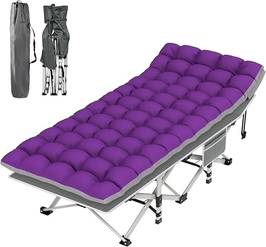 Suteck Camping Cot, Folding Camping Cot Bed for Adults Sleeping 1200D Double Layer Oxford Portable Folding Outdoor Cots for Camping W/Soft Pad Carry Bag for Home Office Nap Beach Travel, 500LBS,Purple