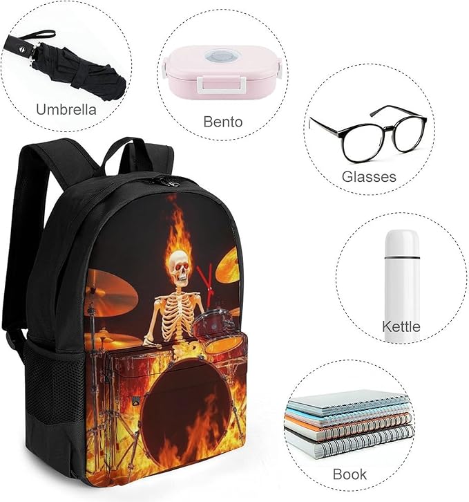 Lightweight Daypack Backpack for Trekking Work Running, Big Capacity Multipurpose Anti-Theft Bookbag, Rock Drum Fire Flame Skull Skeleton Business Computer Bag