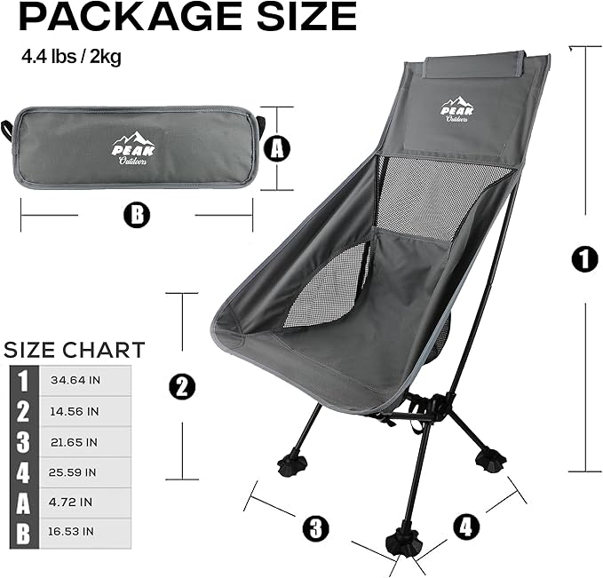 Peak Outdoors Backpacking Chair Lightweight Camping Chair – High Back Ultralight Folding Camp Chair with Storage Bag, Compact Portable Tall Hiking Chair and Beach Chair (Grey)