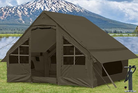 Inflatable Tents for Camping with Stove Jack, 2/4/6/8 Person Easy Setup Blow Up Tents for 4 Seasons Waterproof Inflatable Camping Tent with Awning, Air House Glamping Tents for Camping Adult