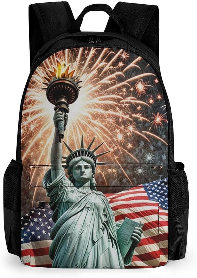 Supdreamc Men Women Lightweight Statue Of Liberty American Flag Firework Patriotic Casual Daypack Big Capacity Bookbag With Padded Straps for Gym Travel Walking Cycling