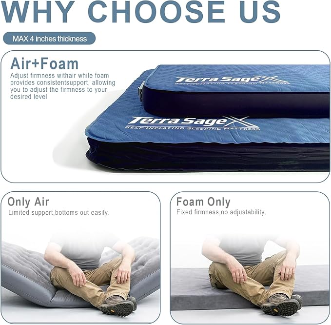 Full Size Camping Air Mattress, Self-Inflating Sleeping Pad with Electric Pump for 2 Person, 4.5" Thick Insulated Air & Foam Mat for Tent Camping, Portable & Comfortable for 4-Season Use(Full,Blue)