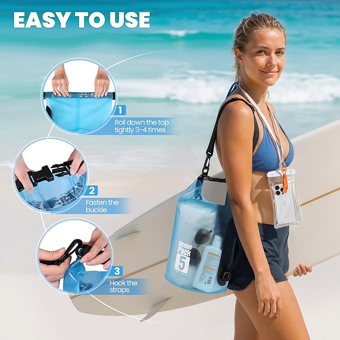 Dry Bag Waterproof for Men Women, 5L Lightweight Roll Top Dry Sack with Waterproof Phone Case and Emergency Whistle, for Kayaking Swimming Boating Paddle Board Fishing Beach Hiking Camping
