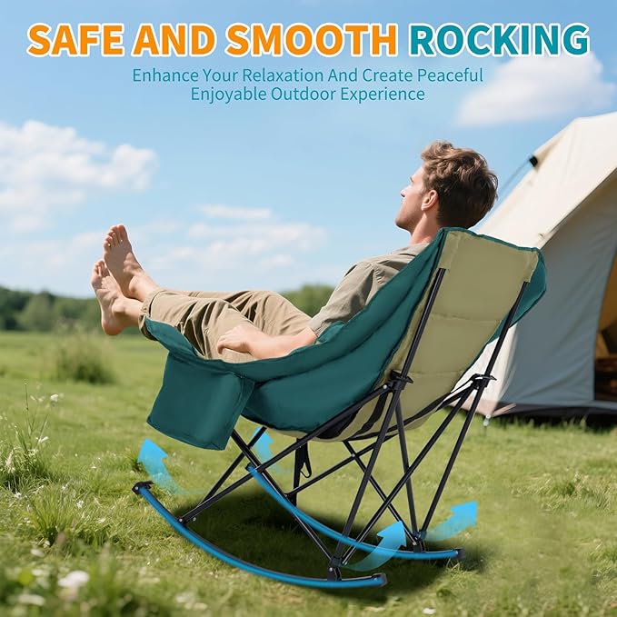 Oversized Rocking Camping Chair for Adults - 330lbs Capacity Heavy Duty Padded Recliner - Folding Lawn Chair with Cooler Bag and Pockets - Portable Rocker Chair Outdoor for Camp Patio Backyard