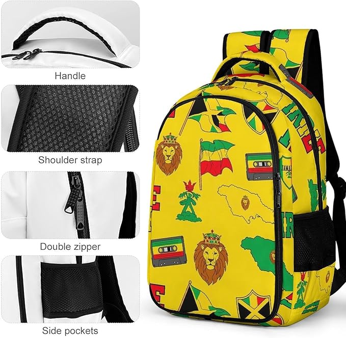 Sturdy Laptop Backpack Rasta Lion Jamaican Reggae Flag Map Magnetic Tape, Anti Theft Water Resistant Travel Business Bag with Water Bottle Pockets Gifts for Men Women