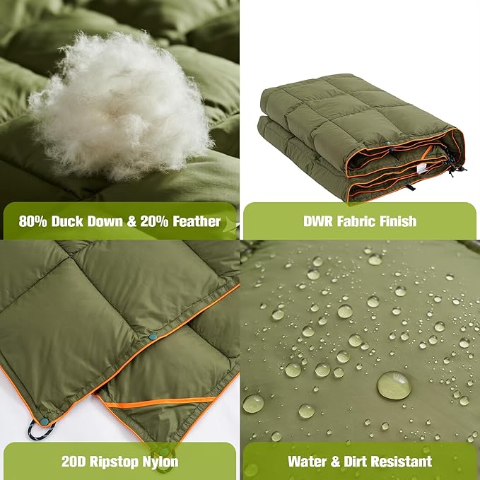 Down Camping Blanket - Lightweight Packable Warm Puffy Travel Quilt with Footbox, Waterproof Outdoor Blankets for Hiking, Travel, Hammock & Stadium Down Quilt, Olive, 1lb 1oz / 77''*52''