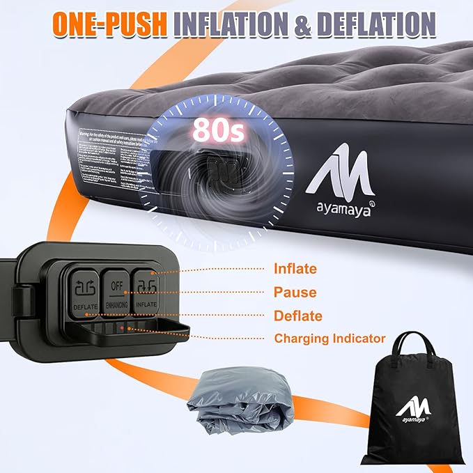 AYAMAYA Truck Bed Air Mattress with Built-In Cordless Rechargeable Pump, Inflatable Mattress with Pillow for 5.5-5.8ft Full Size Short Truck Beds, Portable Pickup Airbed for Outdoor Camping, Road Trip