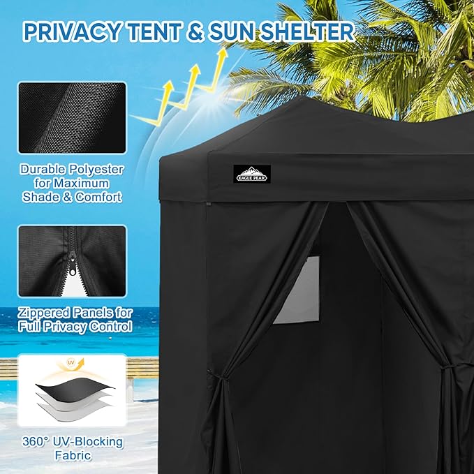 EAGLE PEAK Outdoor Changing Room 8x4, 2 Room Pop Up Portable Changing Room, Sun Shelter, Pop Up Changing Tent for Beach or Pool, Portable Dressing Room for Photoshoots (Black)