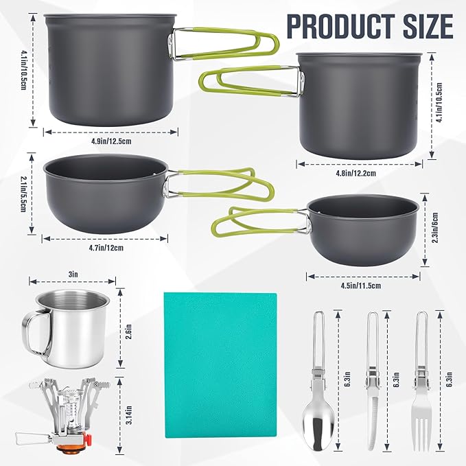 Camping Cookware Set, 16pcs Lightweight Backpacking Mess Kit with Camping Pots and Pans, 2 Cups, Fork Spoon, Survival Cooking Kit for Outdoor Hiking and Picnic