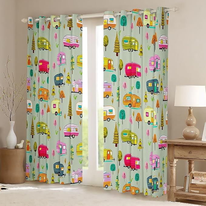 Feelyou Vintage Camper Curtains for Bedroom Living Room RV Travel Trailer Blackout Darkening Drapes Green Camping Theme Window Treatments, 2 Panels 52 x 84 Inch Room Decor