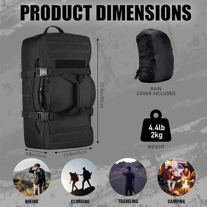 Protector Plus Tactical Travel Backpack 60L Military MOLLE Duffel Bag (Rain Cover & Patch Included)
