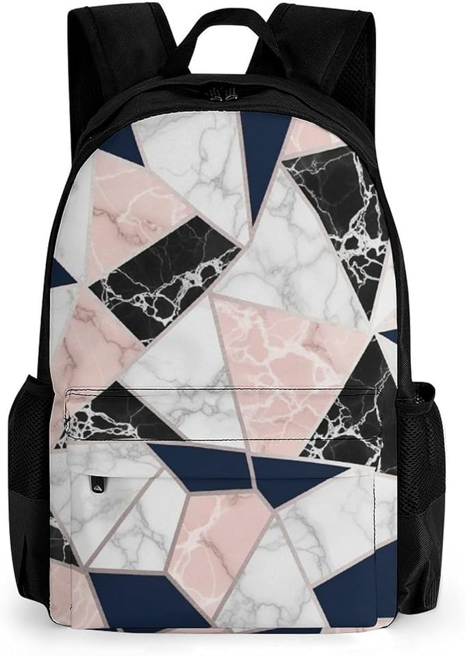Men Women Lightweight 80S Pink Rose Gold White Blue Geometric Marble Pattern Backpack Large Capacity Bookbag With Smooth Zippers for Gym Business Running